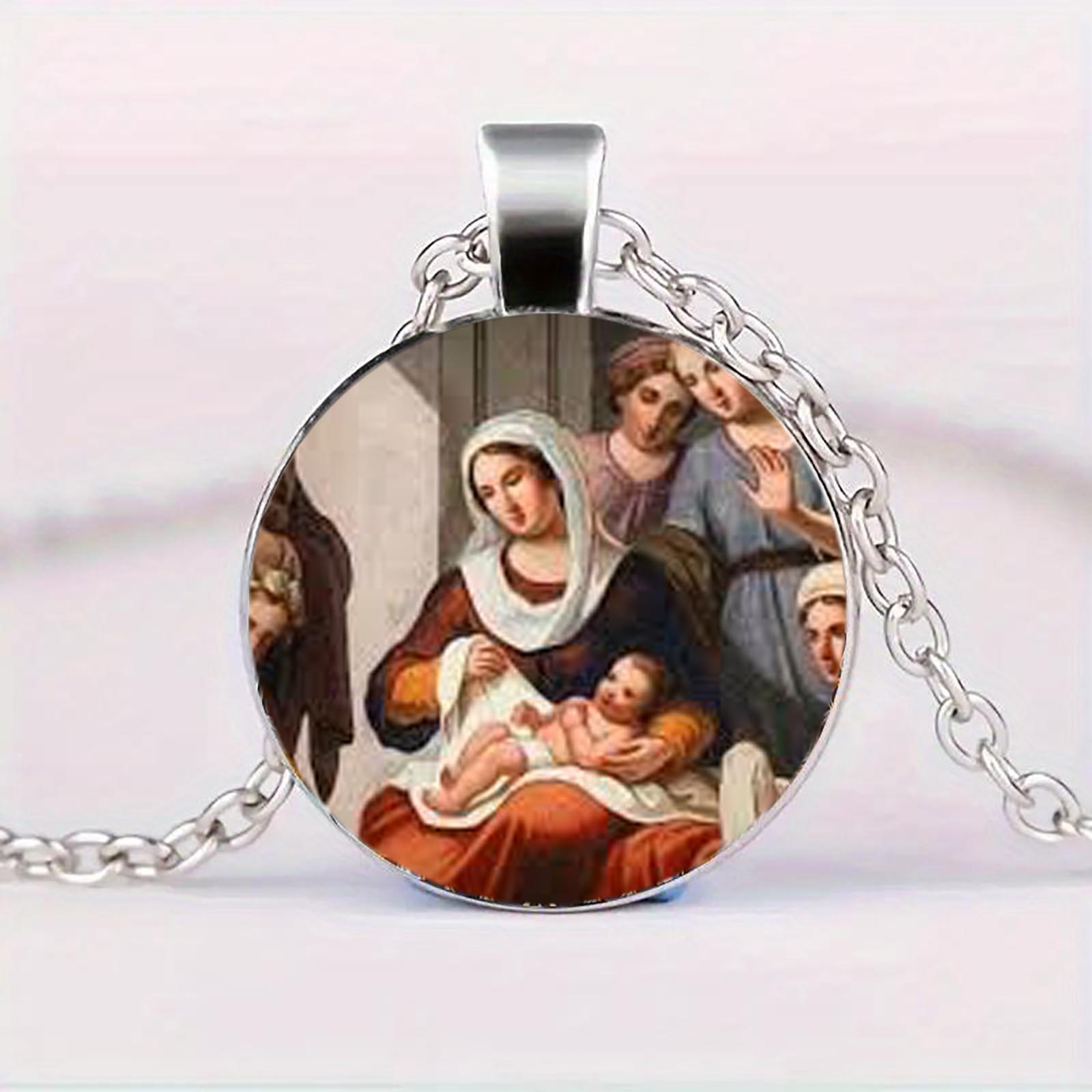 

A Glass Pendant Necklace Featuring The Virgin Mary Holding The Baby Jesus, With A Time-Gathering Gemstone Pendant, Suitable For Everyday Wear.