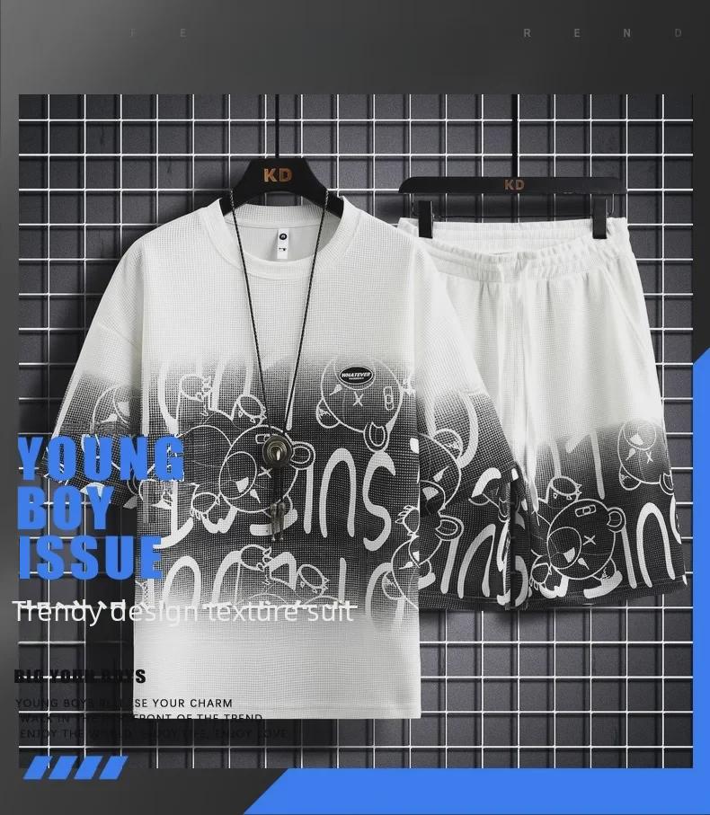 Pánská letní vaflová sada s krátkým rukávem a šortkami: M-5XL Volný ležérní dvoudílný sportovní outfit.