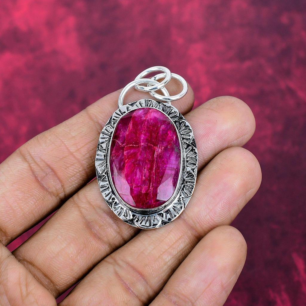 Lab Created Ruby Pendant Gemstone Jewelry, 925 Solid Sterling Silver Handmade Pendant, Latest Design Jewelry