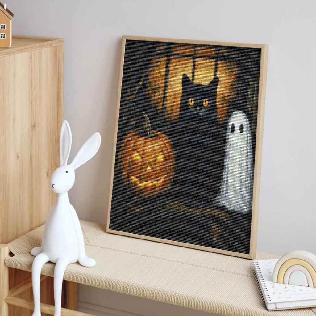 Halloween 5D DIY Diamond Art Painting Kit Black Cat Pumpkin Wall Decor Handmade Gift for Home Crafting Projects Room Wall Decoration