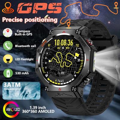 2026 New Built-in GPS Men Smartwatch 3ATM Waterproof LED Flashlight 100+Sport Mode 1.39-Inch High-Definition Screen Smartwatch