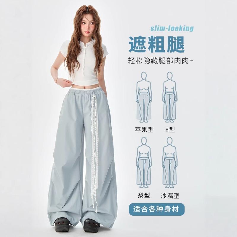 Light Blue Elastic Waist Lace Belt Overalls Women's Summer New Thin Paratrooper Quick-drying Casual Wide-leg Pants