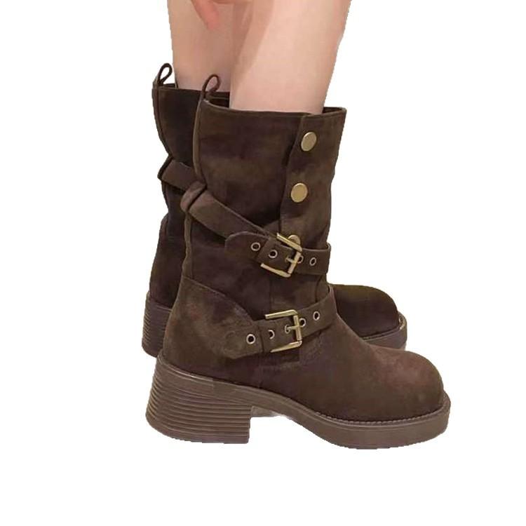 Martin-kängor dam 2025 höst och vinter nya runda tå fyrkantig klack stövlar smala Maillard retro internetkändis explosion hög stövlar