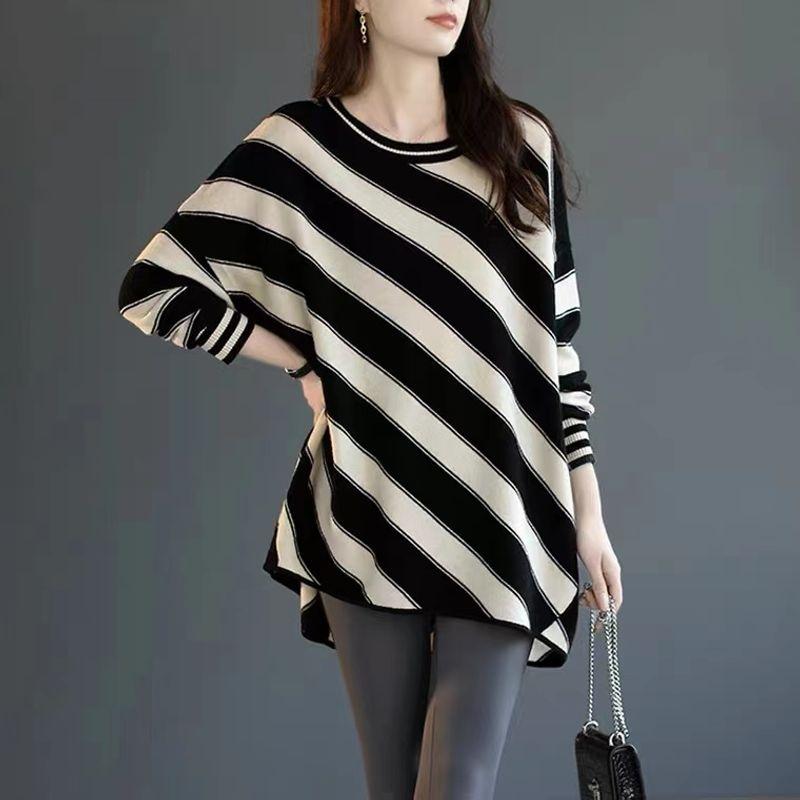 

Style with Mall Discount Withdraw from Cupboard Cut the Tag off Tail Goods Brand Color Matching Stripe Mid-Length Sweater round Neck Versatile Knit Black S