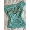 Y2K Millennium Sweet Spicy Asymmetrical Collar T-Shirt Womens Mint Green Floral Rhinestone Short Sleeve Slim Fit Vacation Top