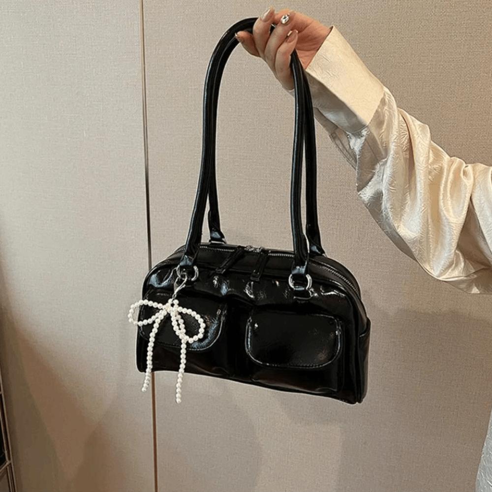 Solid Color Pocket Boston Tote Bag Korean Style Underarm Bag Temperament PU Bowling Bag  Travel