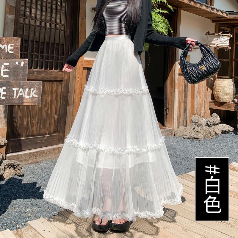 Qooth Ruffle Pleated Tulle Tiered A-Line Maxi Skirt High-Waist Slimming Flirty Half Skirt Soft Ethereal Spring Summer Fashion for Women QT2916 One Size белый
