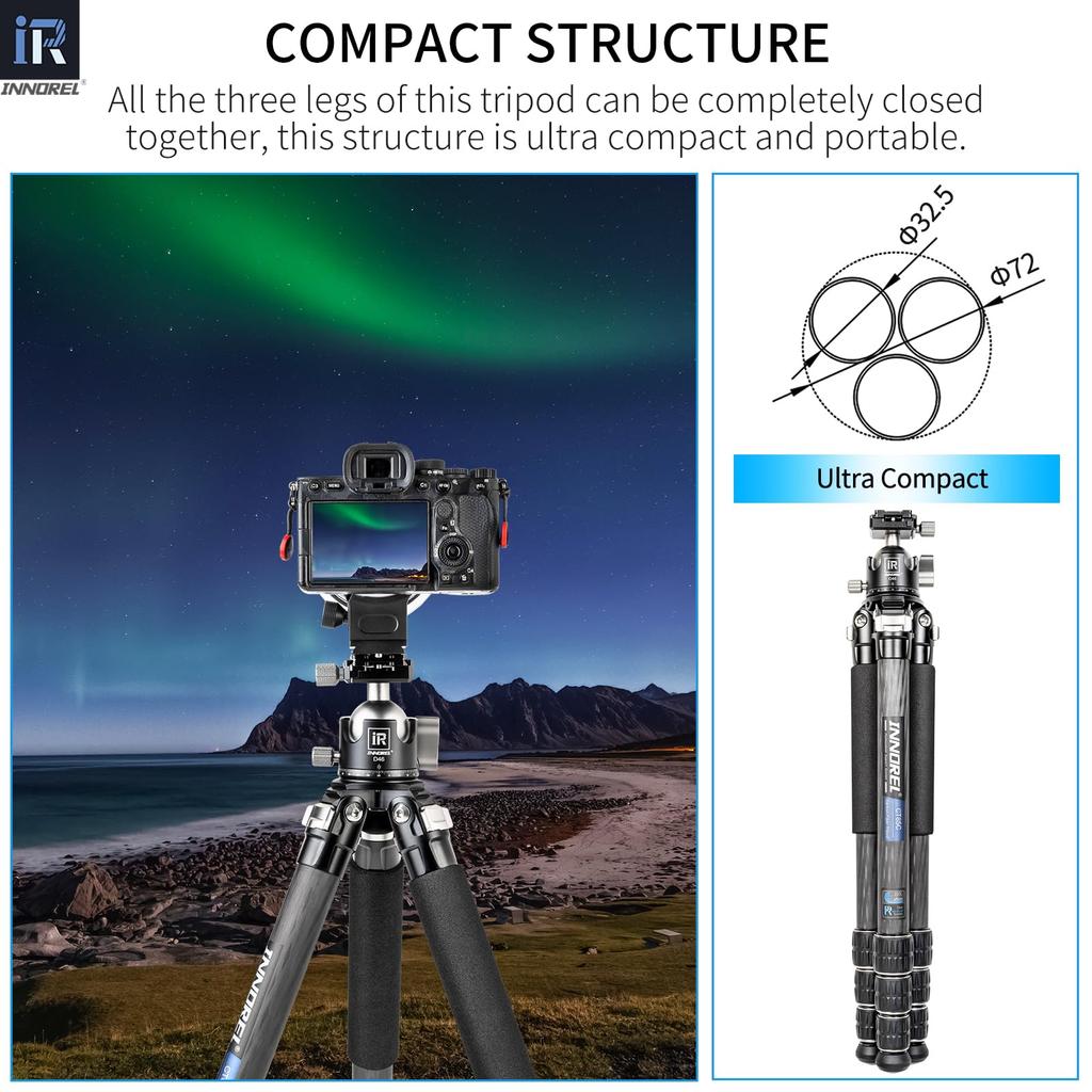 INNOREL Carbon Fiber Camera Tripod with Ball Telescopic Extendable Working Pipe 25kg Maximum Load Panoramic Macro Video Digital Portable Tripod with