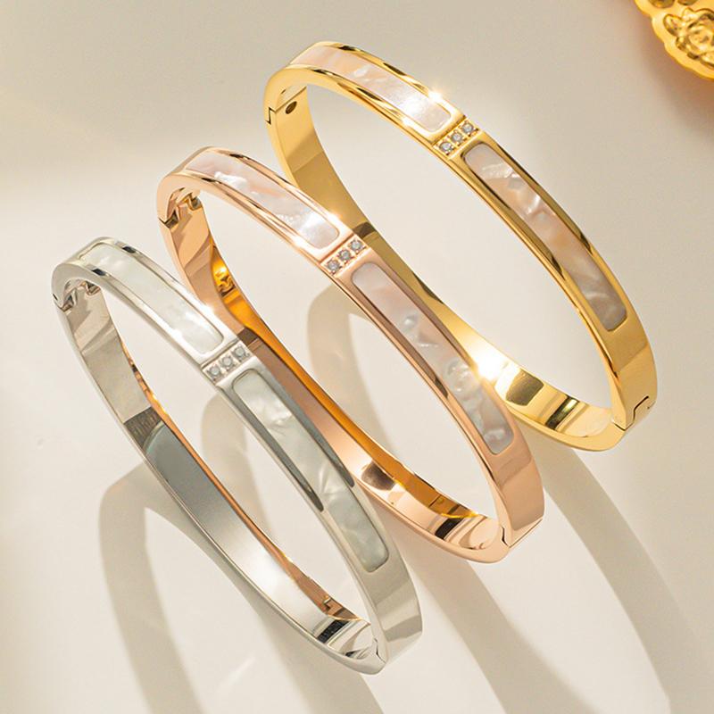 Htpwe Stainless Steel Rectangular Shell Inlaid Zirconium Bracelet Women 18kGold Couple Holiday Gift Bracelet Party Daily Zircon