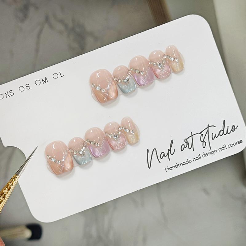 10Pcs Short Ballet Cat Eye Press On Nails Handmade Shiny Rhinestone Full Cover Fake Nails Summer Fashion Manicure Set