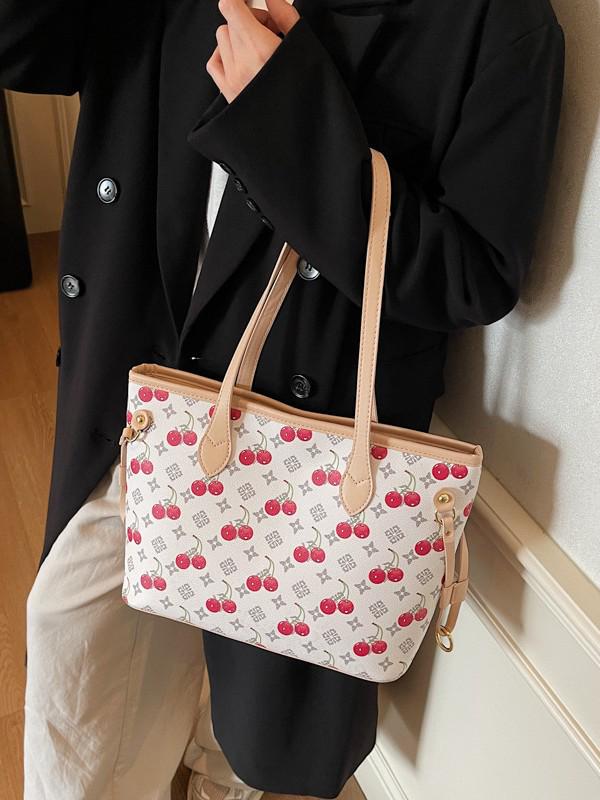 Cherry Print Denim Handbag - High-Quality, Large Capacity Commute Tote Shoulder Bag, 2025 Fashion.