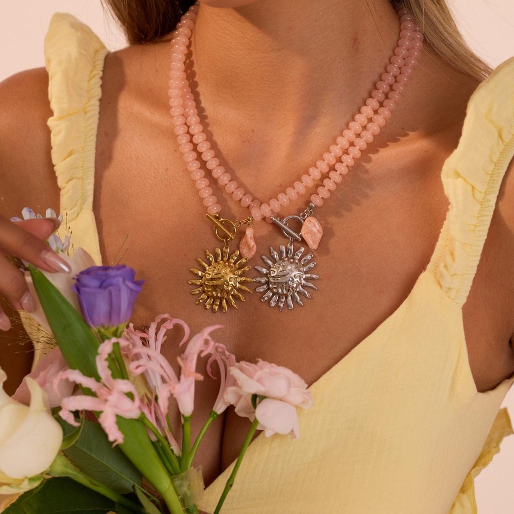 GEMCHIC Women's 18K Gold Plated Stainless Steel Sun Face Beaded Necklace