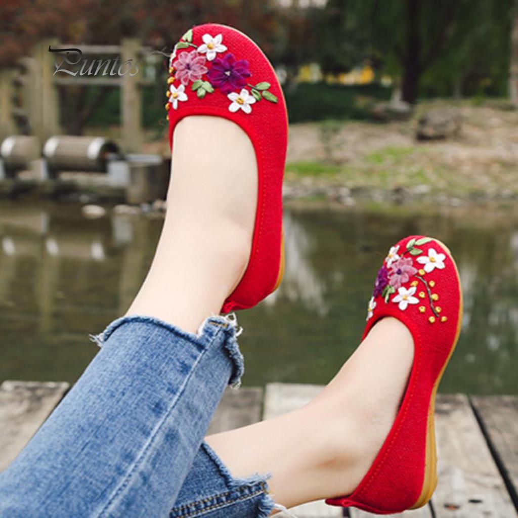 Vintage bestickte Damen-Flats, Blumen-Slipper, runde Zehenschuhe, Slipper, Ballerinas