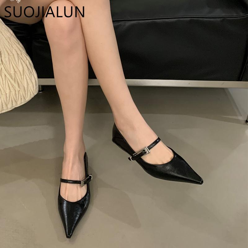 Fashion SUOJIALUN 2025 Spring New Women Flat Shoes Fashion Square Low Heel Outdoor Dress Boat Shoes Pointed Toe Slip On Casual Ballerina