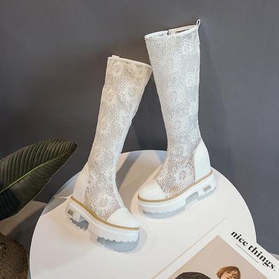 White Embroidered Mesh Boots for Spring/summer 2025 New Increase Length Boot Mesh Breathable and Versatile Women's Boots Shoes
