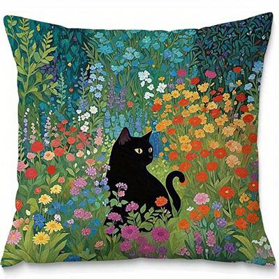 Home Decor Black Cats In Floral and Scenic Scenes Pattern Cushion Cover Suitable for Sofa Bedroom Car Pillow Cover