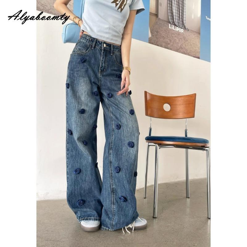 Korean Fashion Spring Autumn Women Straight Jeans High Waist Rose Casual Loose Jeans Elegant Stylish Feminine Ladies' Jeans