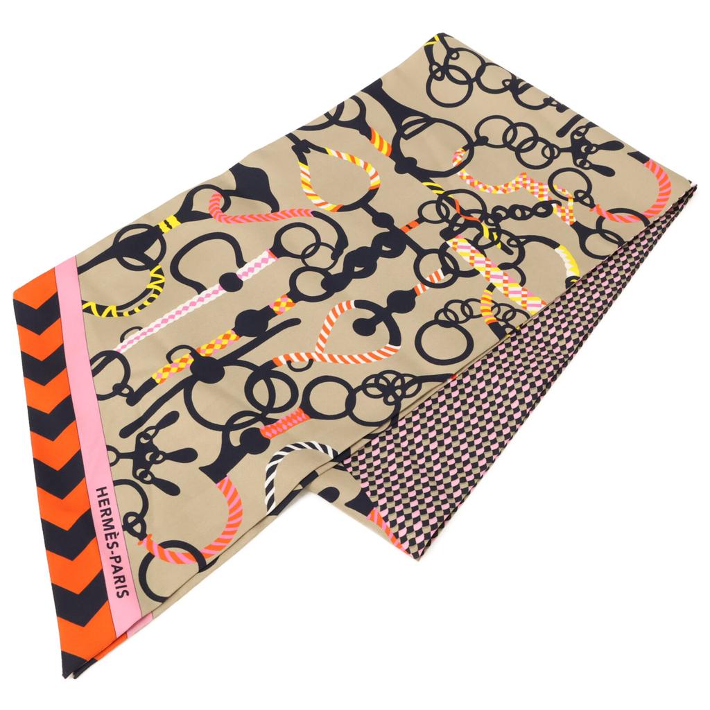 Hermes [Excellent Condition] 093267S 04 Mors Et Tresses Silk Maxi Twilly Cut Scarf Beige/Black/Rose VifUsed