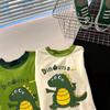 Summer Kids Cotton T Shirt Dinosaur Print Block Round Neck Short Sleeve Top For Boys And Girls