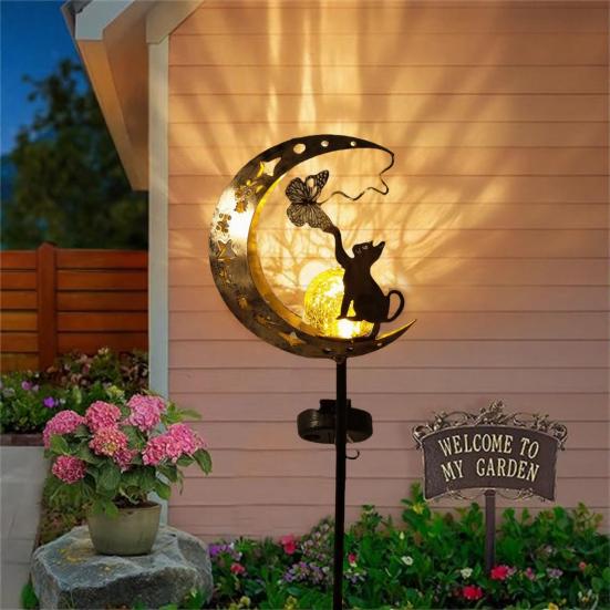 Solar Animal Garden Light, Moon Cat Bird Dog Solar Light with Metal Stake, Solar Powered Outdoor Animal Crescent Light for Patio Pathway Yard Decor