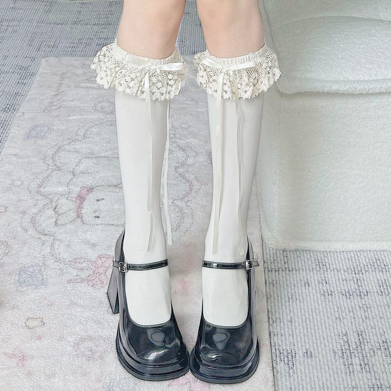 Lolita Mehrschichtige Spitze Kniestrümpfe Mädchen Schleife Strümpfe Japanische Wadenstrümpfe Schwarz Reines Verlangen