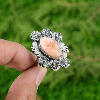 Natürlicher Skolezit Edelstein Statement Blume Pfirsich Verstellbarer Ring 925 Silber