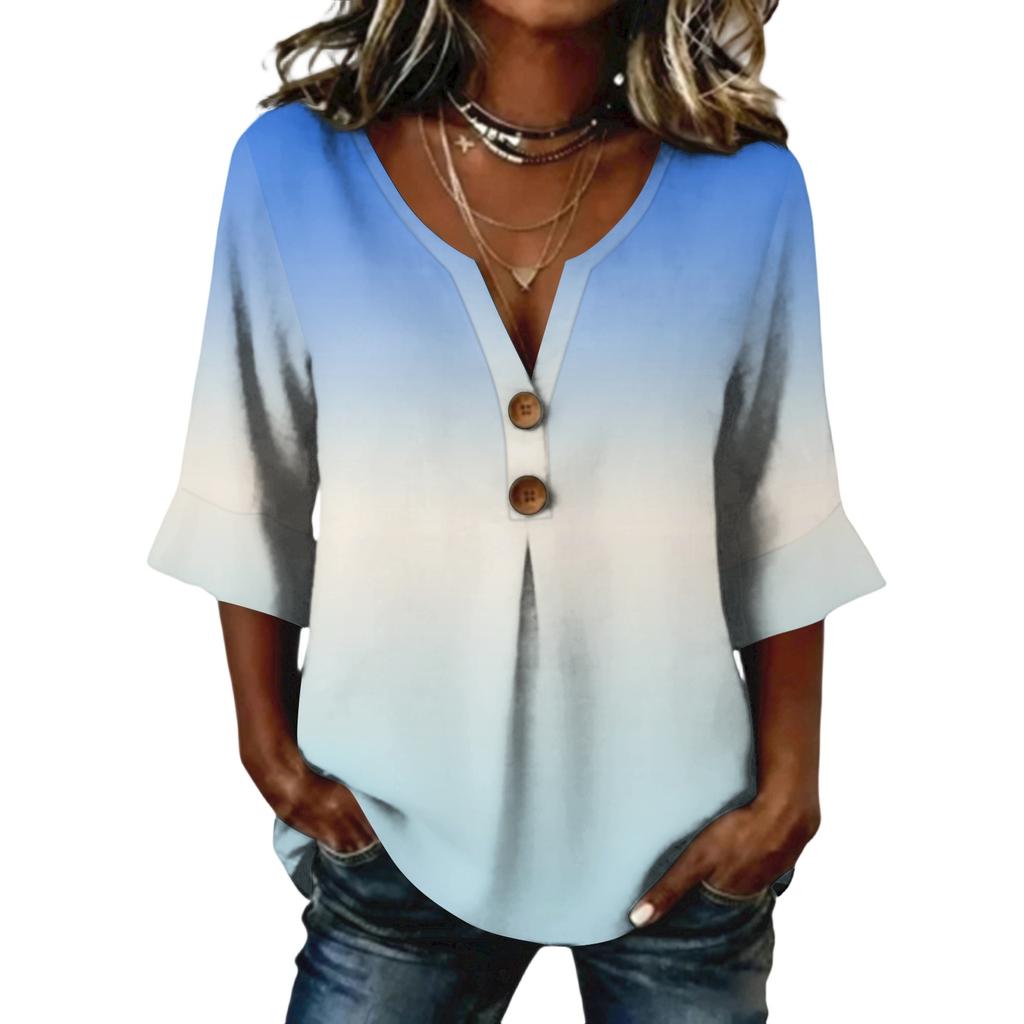 Ladies' gradient printed button casual V-neck fashionable seven quarter sleeve top