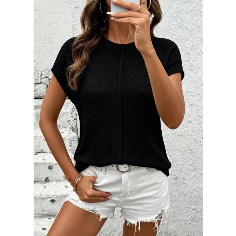 Basic Round Neck Knit Short Sleeve Solid Color Casual Sweater For Women S чёрный