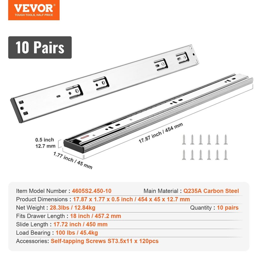 10 Pairs of 457.2mm Drawer Slides Side Mount Rails, Heavy Duty Full Extension Steel Track, Soft-Close Noiseless Guide Glides Cabinet Kitchen Runners