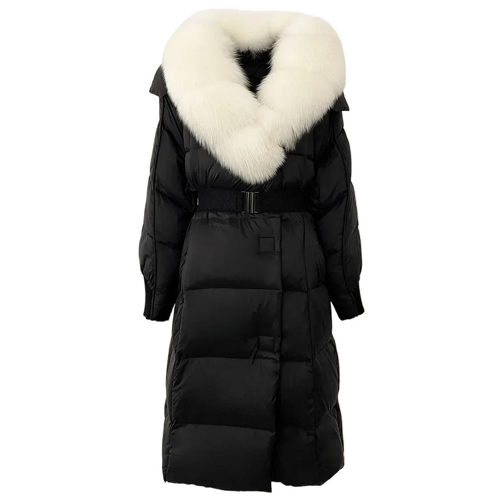 OFTBUY Winter Jacket Women Long Natural Real Raccoon Fox Fur Collar White Duck Down Coat Belt Thick Warm Casual Outerwear