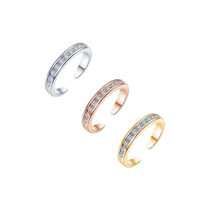 [LucBuy] 3-Piece Women's Toe Ring Set, Adjustable Cubic Zirconia Toe Ring Set, Silver/Rose Gold/Gold Rings, Summer Beach Foot Jewelry, Hypoallergenic