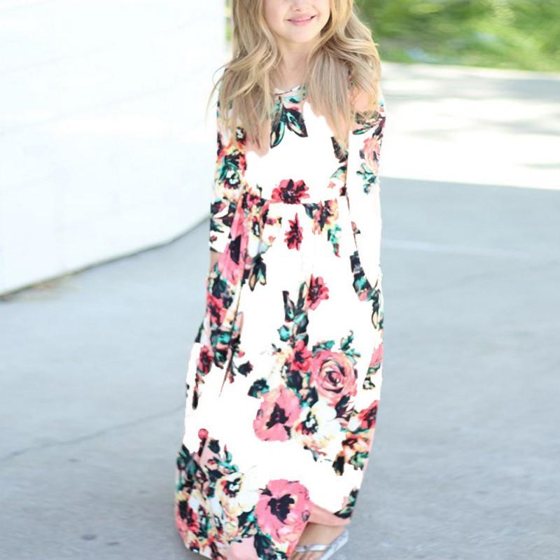 

Повседневное платье макси с цветочным принтом для девочек, праздничные платья с карманами и длинными рукавами 140