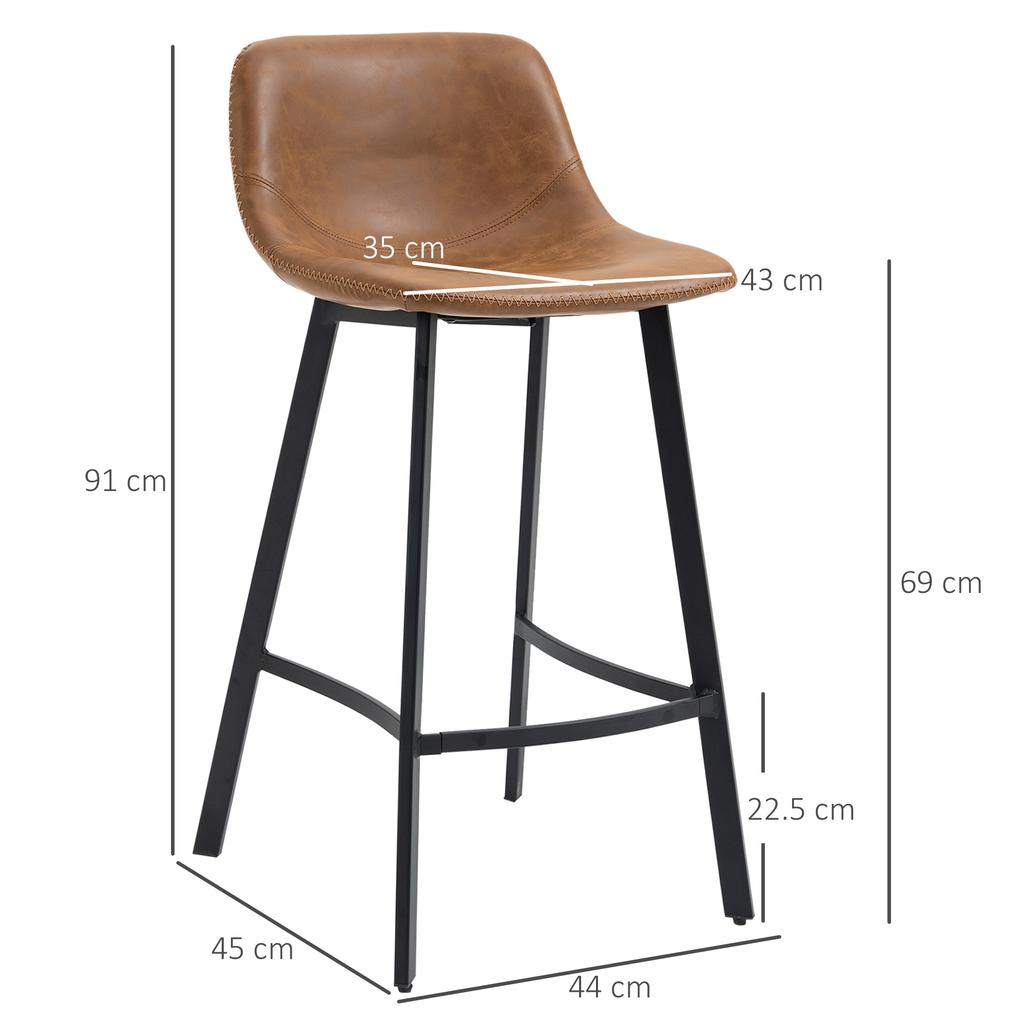 Bar Stools Set of 2, PU Leather Dining Stools with Backrest, Footrest, for Kitchen, Counter, Breakfast Bar, Brown