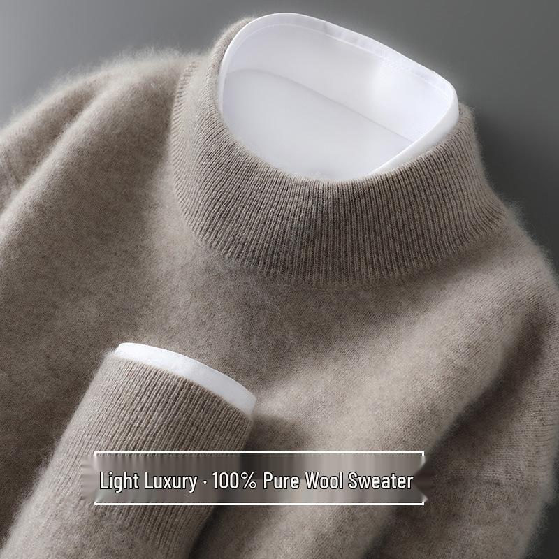 Pánský svetr ze 100% čisté vlny: Pletený svetr s polorolákem, ležérní volný střih, základní vrstva z kašmíru