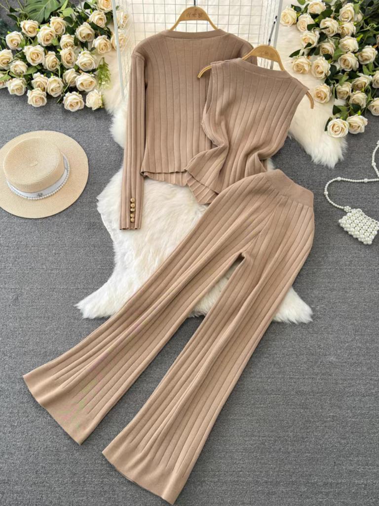 Fashion Suit Women's Korean Version Long-sleeved V-neck Single-breasted Knitted Jacket Three-piece Vest High-waisted Straight-leg Wide-leg Pants