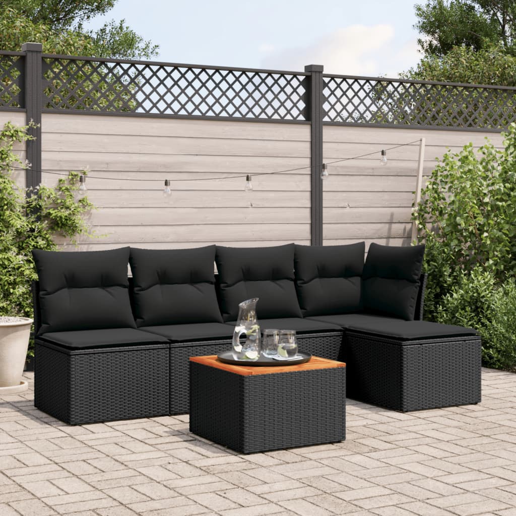 Vidaxl 6-Cz. Garden Furniture Set With Cushions, Black Poly Rattan