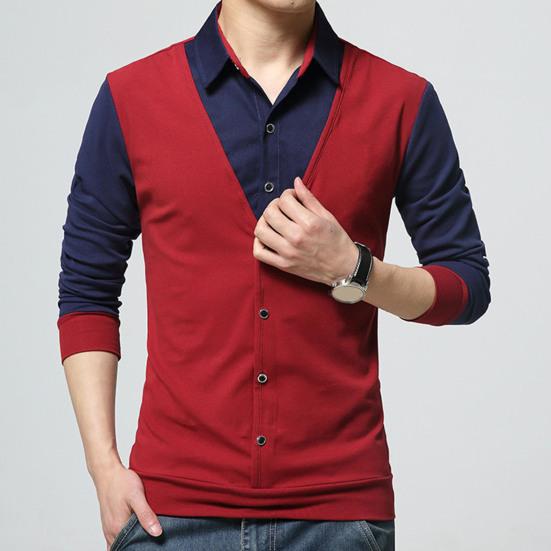 Maglia a maniche lunghe Patchwork Colorata da uomo Finto due pezzi Slim con colletto rovesciato Pullover per l'uso quotidiano