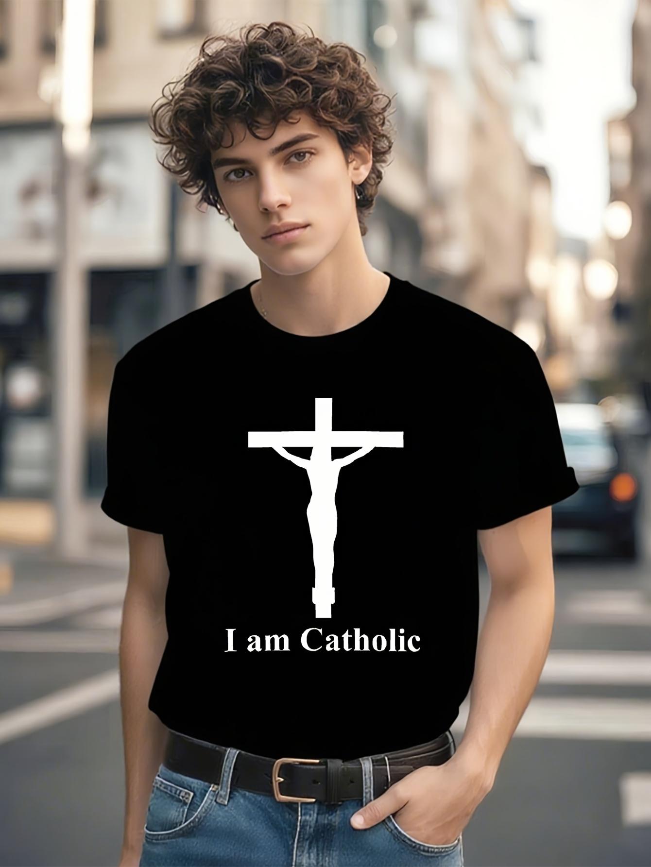 I Am Catholic Graphic T-shirt - Black with White Cross Print XXXXL