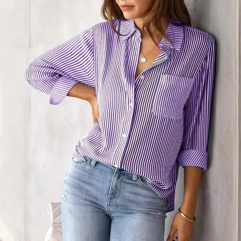 Camisas Casuais Femininas Listradas Soltas de Manga Longa
