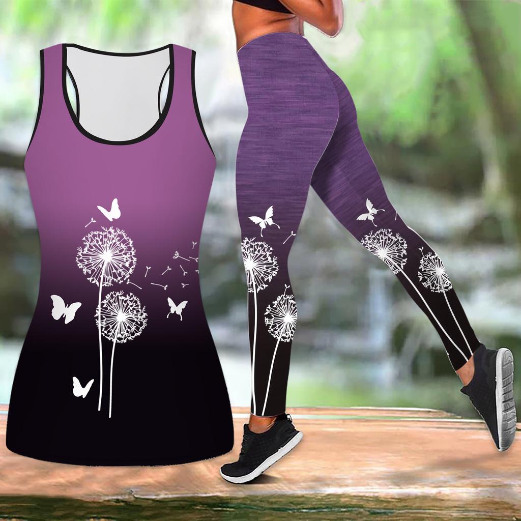 Dandelion Print Yoga Outfit for Women Fashion Workout Leggings Fitness Sports Casual Yoga Set Sports Suit