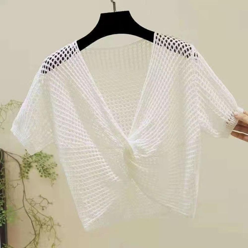 Short Sleeve Mesh Knitted Pullover Top V-neck Sun Protection Shawl T Shirt Beach