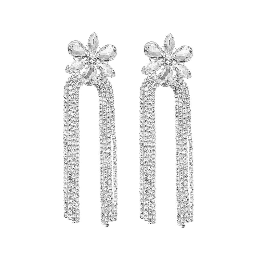 Heavy industry micro-inlaid zircon long fringed earrings women's fashion shiny rhinestone earrings bridal earrings