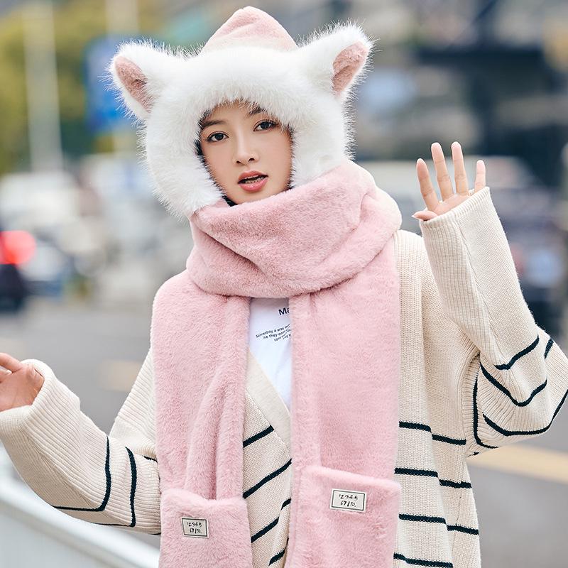 Cartoon Welpen Plüschmütze mit Schal und Handschuhen Set - Langohr-Design