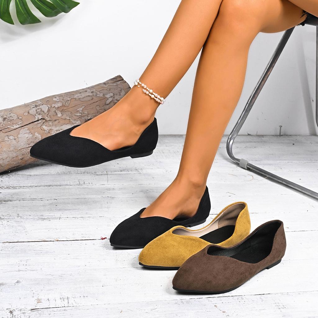 Korean version of large size pointed flat bottom shallow mouth single shoes women's new four seasons suede flat heel work ladyshoes independent statio