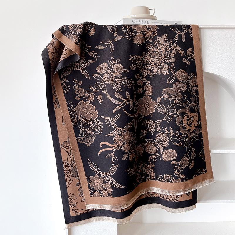 Flower And Plant Texture Double-Sided Scarf, Winter High-End Warm Shawl, Outer Cover For Women