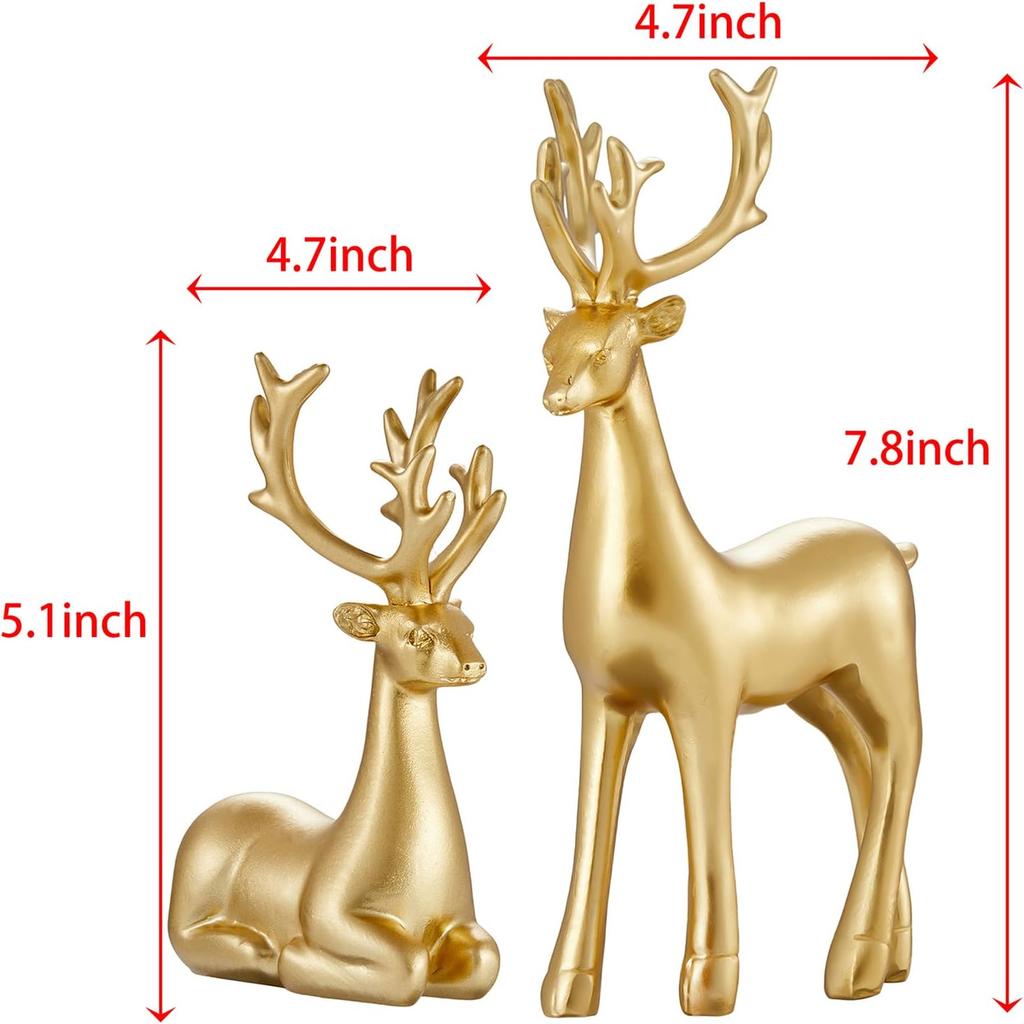 2Pcs Christmas Reindeer Figurines Decorations Resin Sitting & Standing Deer Statues Elk Figurine for Home Table Decor Wine Cabinet (Gold)
