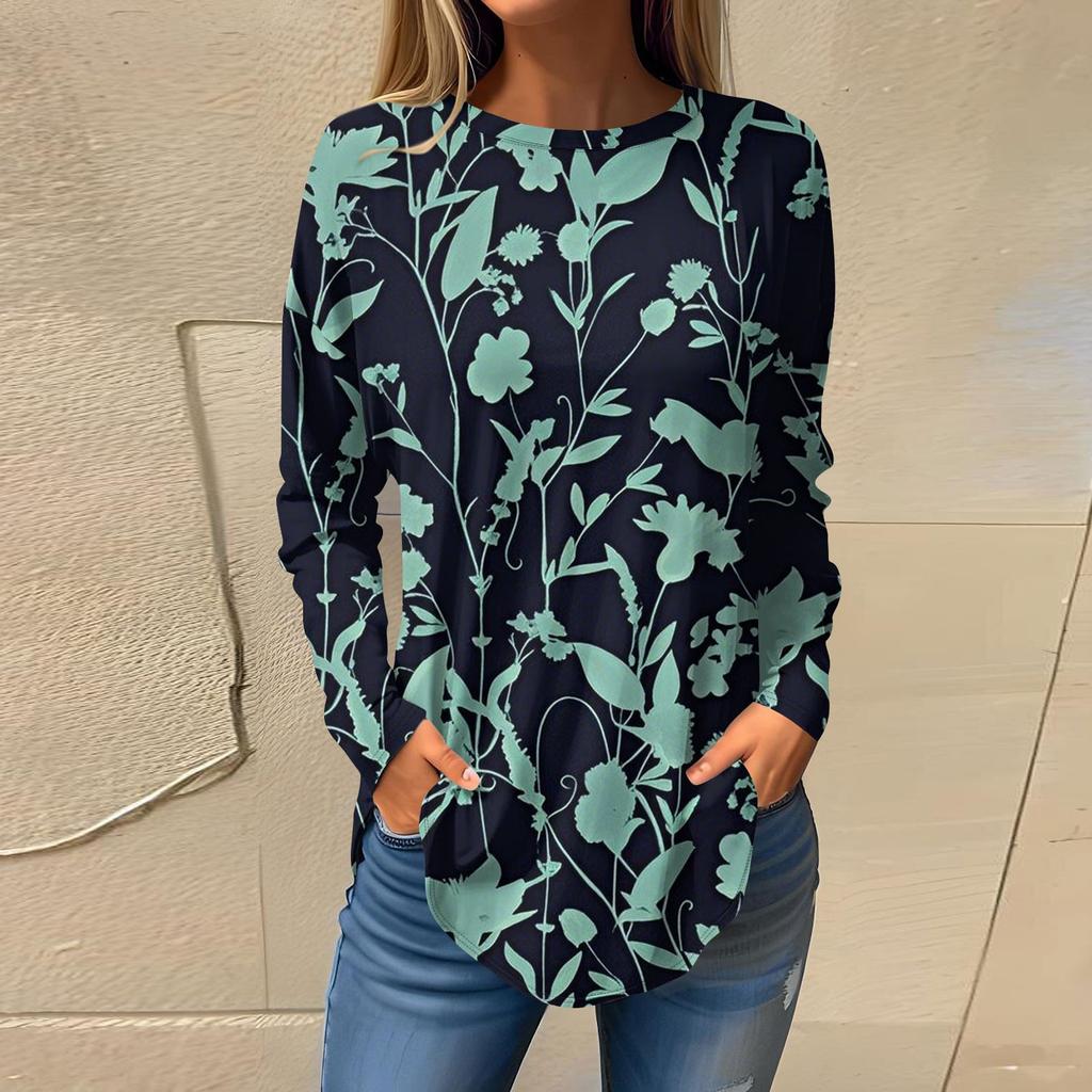 Women's Fashion Casual Round Neck Floral Long Sleeve T-shirt Pullover Long Sleeve Top