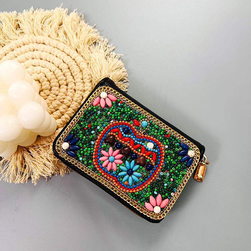 Ethnic Style Card Holder - Multi-layer Premium Hand-feel Vintage Delicate Beaded Zipper Pocket
