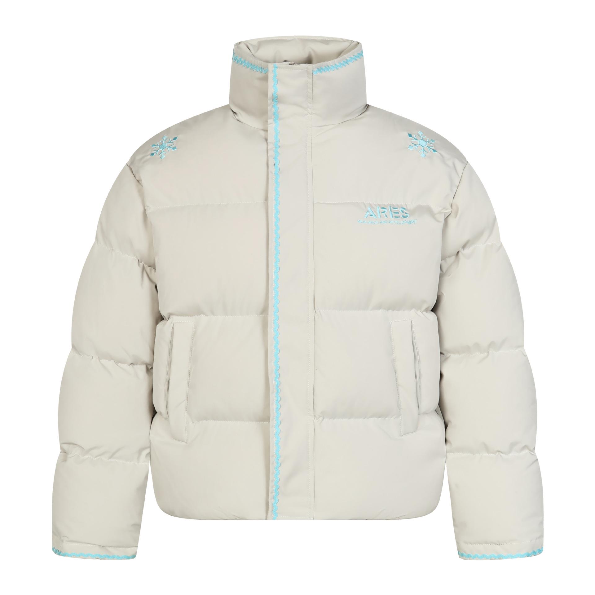 

ARES Unisex Retro Snowflake Embroidered Cotton Down Jacket with Stand Collar and Extra Warm Velvet Lining for Cold Protection M абрикосовий