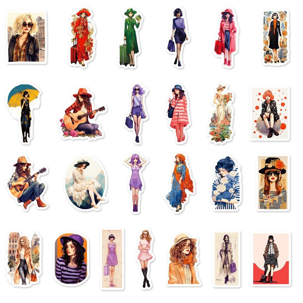 50 Retro Posters, Wind and Flower Season Girl Stickers, Travel Suitcase Notebook Stickers